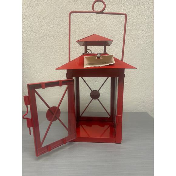 Pier 1 Imports Red Glass Metal Hanging Free Standing Small Lantern - Picture 2 of 11